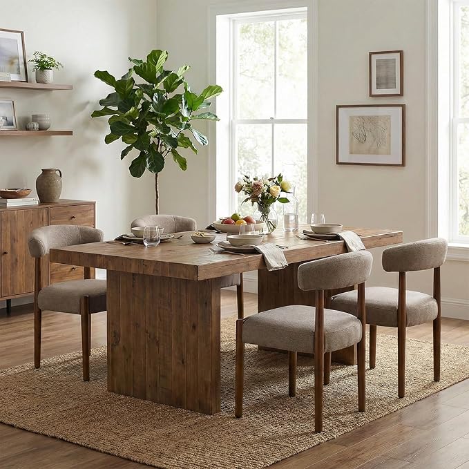 VKNOW Wooden Dining Chairs Set of 6, Modern Upholstered Dining Room Chairs with Walnut Wood Legs and Curved Backrest, Fabric Kitchen Chairs for Farmhouse/Living Room/Dining Room, Brown
