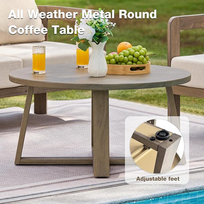 Indoor Round Coffee Table with 35.5” Woodgrain Finish Table Top, Outdoor Metal Modern Side Table 125lbs for Backyard Porch Balcony Living Room, Brown