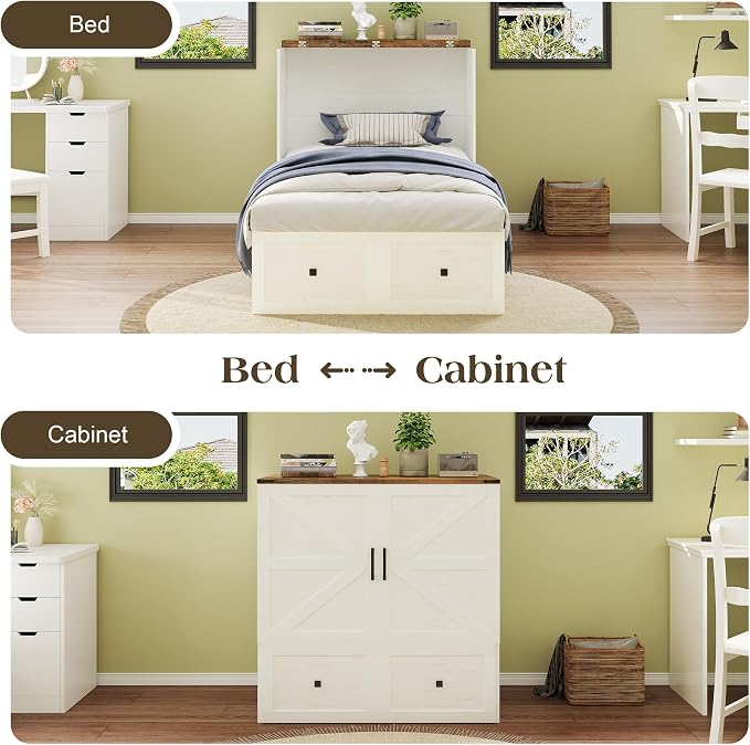 LUXOAK Twin Murphy Bed with 6" Tri-Fold Memory Foam Mattress, Storage Drawer & Charging Station, Space-Saving Design for Home Office or Guest Room, White