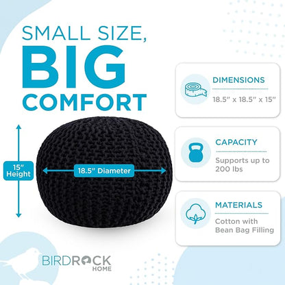 BIRDROCK HOME Round Pouf Ottoman Foot Rest - 18.5”x18.5”x15” Boho Compact Comfortable Soft Cotton Braided Foot Stool with Bean Bag Filling for Living Room, Bedroom, or Nursery (Black)
