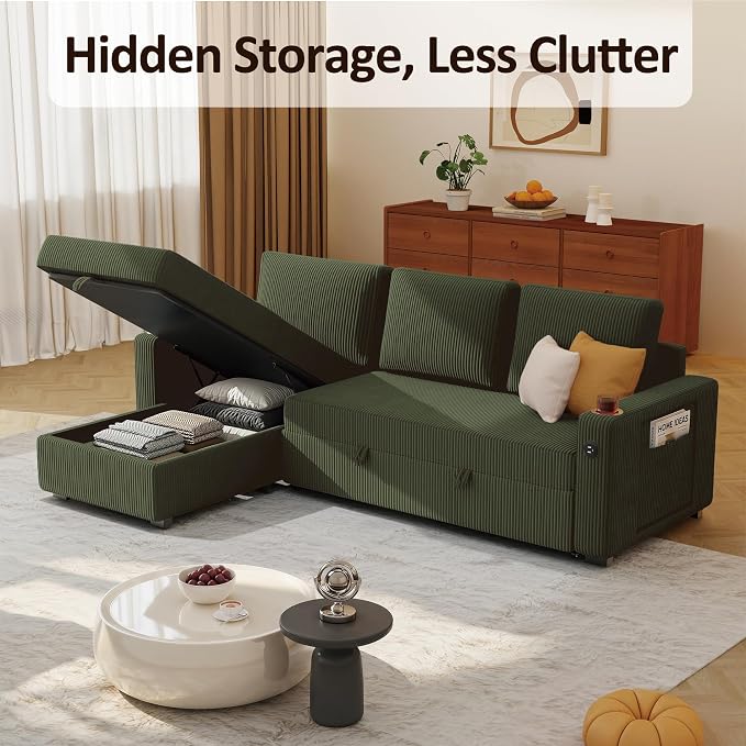 Ball & Cast 80" Sectional Sleeper Sofa Bed Pull Out Couches for Living Room | L Shaped Convertible Pull Out Sofa Bed with Storage Chaise, Foldable Table, USB Port, Cup Holder, Side Pocket for Small Space