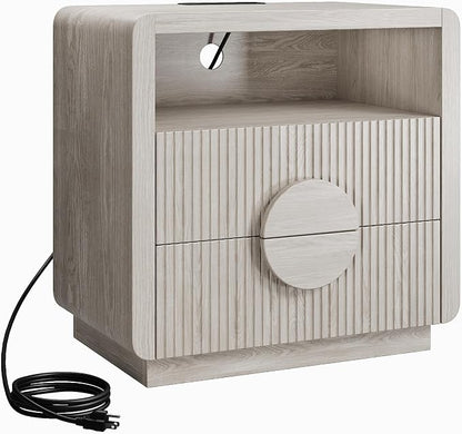 23" Wide Fluted Nightstand, Mid Century Bedside Table with Charging Station, Wood End Table with 2 Drawers and Open Shelf for Bedroom, Home Office, Gray Oak