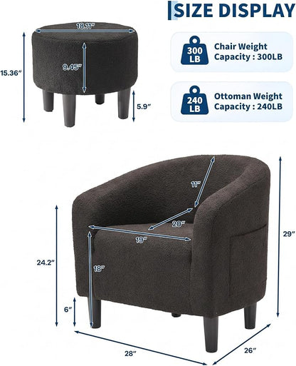 GarveeHome Accent Chair with Ottoman, Boucle Barrel Armchair, Modern Club Chair with Stool for Bedroom Reading Room, Stylish Corner Chair, Black