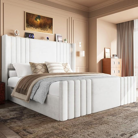 Queen Bed Frame with 55.1" Tall Headboard, Velvet Upholstered Platform Bed with Channel Tufted Wingback, 2 Reading Lights/Storage Shelf/Charging Station/Easy Assembly/Noise-Free, Cream