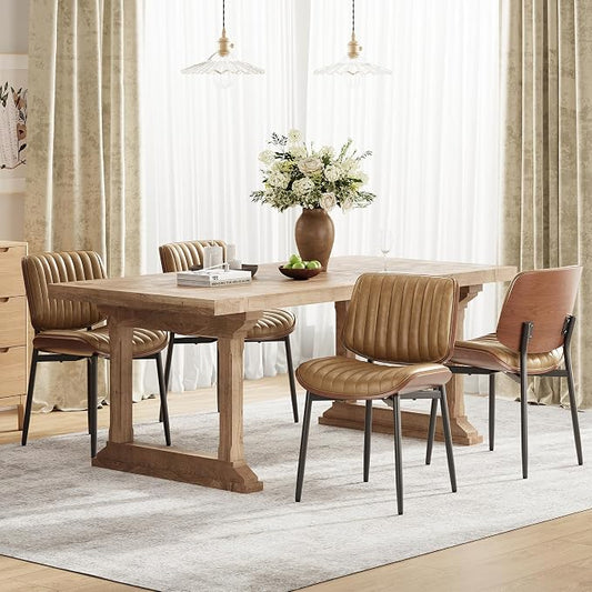 MALOL Leather Dining Chairs Set of 4, Modern Upholstered Dining Room Kitchen Chairs with Metal Legs and Wooden Back Support for Home Dining Room/Restaurant, Light Brown