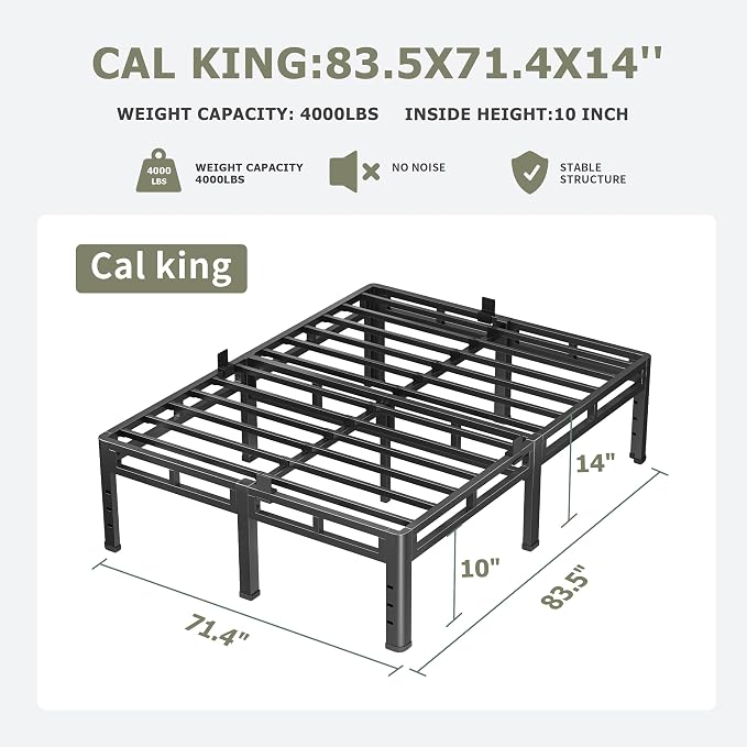 NKZ California King Bed Frame 14 Inch, Metal Bed Frame & Box Spring 2 in 1 Platform with Round Corner Legs, 4000lbs Weight Capacity Reinforced Metal Frame, Headboard Hole, Noise-Free, Easy Assembly