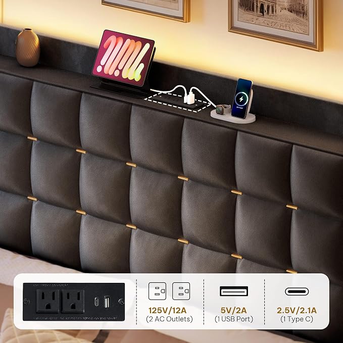 DWVO King Size Bed Frame with 3 Storage Drawers and RGB LED Lights, Velvet Upholstered Bed with Charging Station and Storage Headboard, No Box Spring Needed, Easy Assembly, Noise-Free, Grey