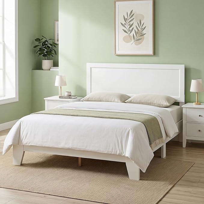 KOMFOTT Full Size Bed Frame, Modern Platform Bed with Headboard, Wooden Slat Support Mattress Foundation, Under-Bed Storage Space, No Box Spring Needed (White,Full)