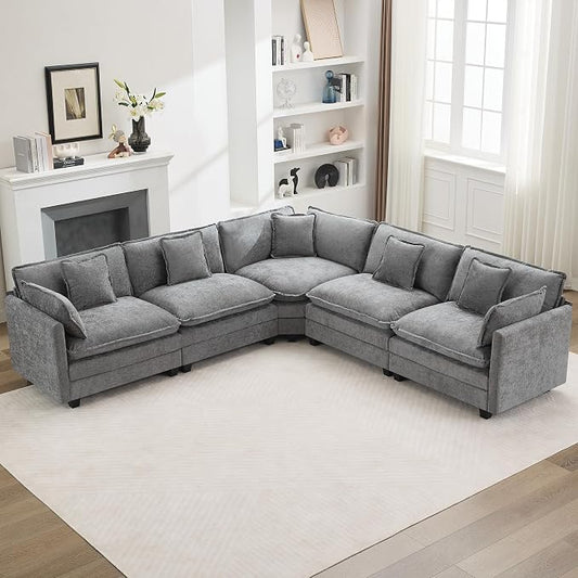 113'' V Shaped Cloud Sectional Sofa, Oversized Deep Seat Couches for Living Room, Chenille Comfy Upholstered Modular Sectional Sofa Couch, Grey