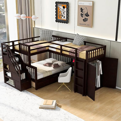 L-Shaped Bunk Bed for 4 Kids, Twin-Twin Over Full with 3 Drawers, Portable Desk and Wardrobe, Solid Wood Bedframe with Stairs and Full-Length Guardrails, No Box Spring Needed (Espresso)
