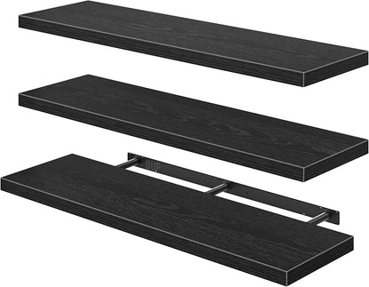 QEEIG 12" Deep Floating Shelves for Wall - 12 x 48 inch Book Shelf Bathroom Bedroom Kitchen Living Room Hanging Bookshelf Farmhouse Set of 3, Black (026-120B3)