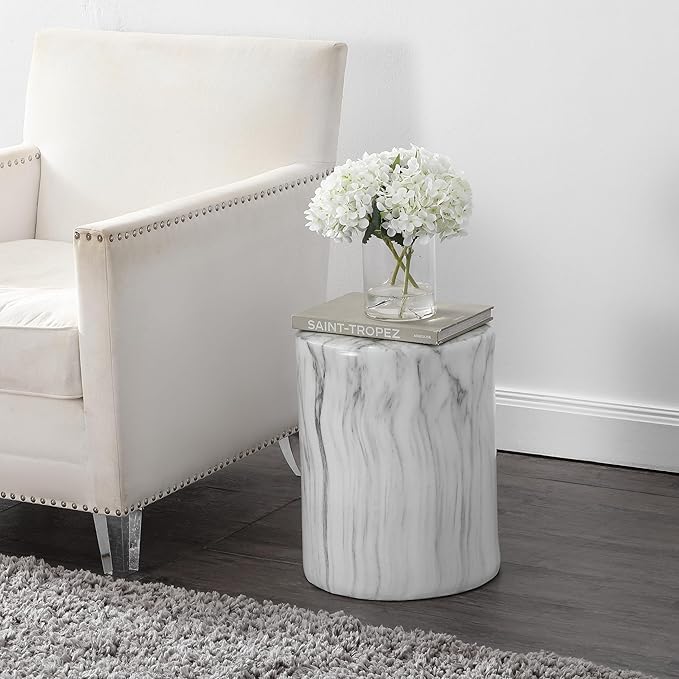JONATHAN Y Troy Modern 17" Faux Marble Cylinder Accent Table, Round Pedestal End Table and Decorative Indoor Stool for Living Room, Small Minimalist Drum Side Table, White and Black TBL1101A