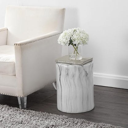JONATHAN Y Troy Modern 17" Faux Marble Cylinder Accent Table, Round Pedestal End Table and Decorative Indoor Stool for Living Room, Small Minimalist Drum Side Table, White and Black TBL1101A