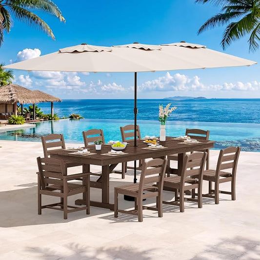 SERWALL 10 Piece 84" HDPE Outdoor Dining Set for 8 with 6 Armless Chair, 2 Armchairs and Umbrella, Brown