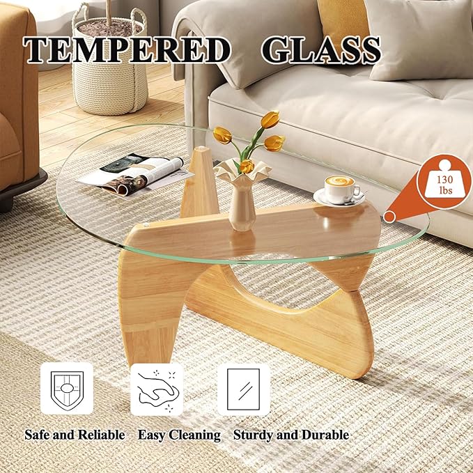 Modern Glass Coffee Table for Living Room, Mid Century Coffee Table, Small Coffee Tables, Suitable for Bedroom Living Room Reception Office Tables (Wood/Transparent, Medium)