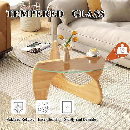 Modern Glass Coffee Table for Living Room, Mid Century Coffee Table, Small Coffee Tables, Suitable for Bedroom Living Room Reception Office Tables (Wood/Transparent, Medium)