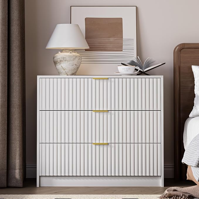 MAISONARIA 3-Piece Dresser Bedroom Set, 8 Drawer Dresser & 3 Drawer Nightstands with Gold Handles, Fluted Wood Chest of Drawers for Bedroom, Living Room, Entryway, White