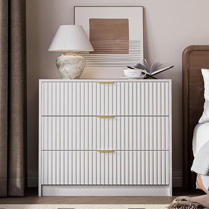 MAISONARIA 3-Piece Dresser Bedroom Set, 8 Drawer Dresser & 3 Drawer Nightstands with Gold Handles, Fluted Wood Chest of Drawers for Bedroom, Living Room, Entryway, White