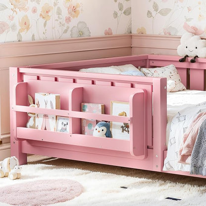 Bellemave Twin Floor Bed with Rails and Slats, Twin Size Montessori Floor Bed with Bookshelf and Fence, Easy Assemble Montessori Beds Frame for Girls, Boys, Pink