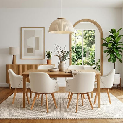Swivel Dining Chairs Set of 6, Mid Century Modern Dining Chairs with Arms and Wood Legs, Linen Fabric Upholstered Kitchen Chairs for Dining Room Living Room, Comfortable Widen Seat, Beige