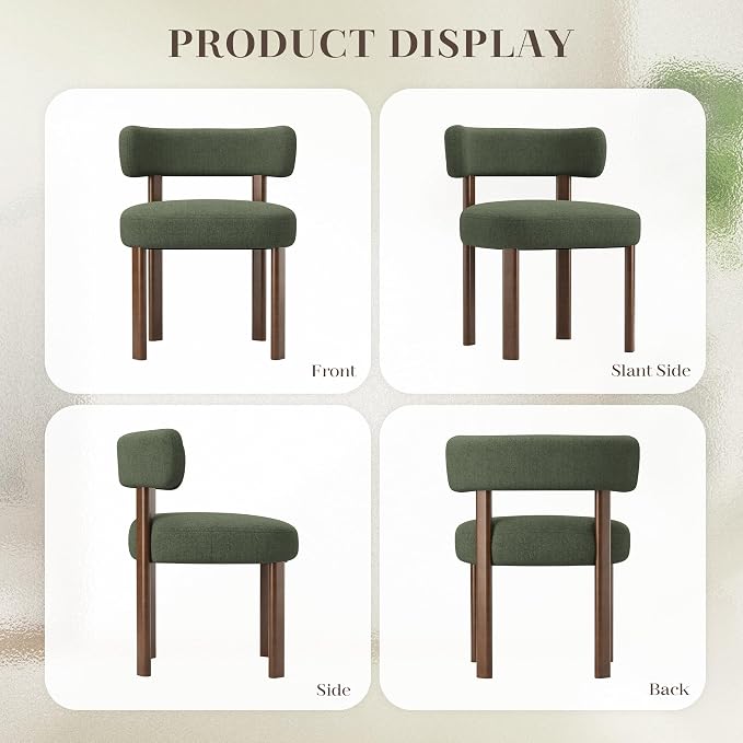Wooden Dining Chairs Set of 6, Upholstered Kitchen Chairs with Solid Wood Legs, Mid Century Dining Room Chair with Ergonomic Curved Backrest for Kitchen Dining Vanity, Green