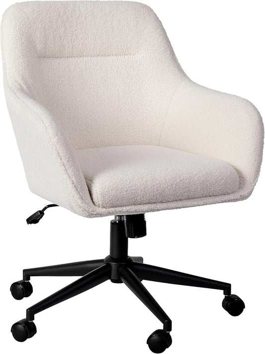 Martha Stewart Rayna Swivel Task Chair with Flared Arms for Home Office in White Boucle with Oil Rubbed Bronze Frame