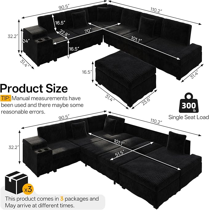 KEIKI 110" L-Shaped Oversized Plush Corduroy Modular Sectional Sofa with Pull-Out Bed, Convertible 6-Seater Sleeper Couch Bed with 1 Ottomans & USB & Cup Holders, Easy Assembly, for Living Room, Black