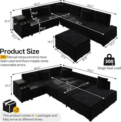 KEIKI 110" L-Shaped Oversized Plush Corduroy Modular Sectional Sofa with Pull-Out Bed, Convertible 6-Seater Sleeper Couch Bed with 1 Ottomans & USB & Cup Holders, Easy Assembly, for Living Room, Black