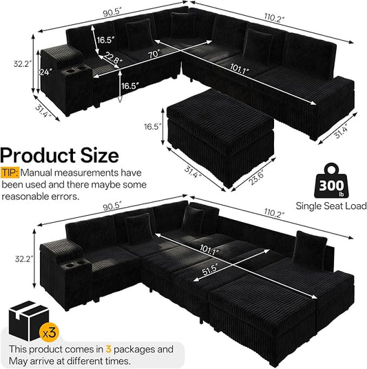 KEIKI 110" L-Shaped Oversized Plush Corduroy Modular Sectional Sofa with Pull-Out Bed, Convertible 6-Seater Sleeper Couch Bed with 1 Ottomans & USB & Cup Holders, Easy Assembly, for Living Room, Black