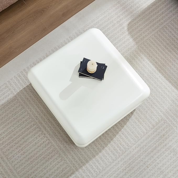 31.5" Modern White Coffee Table, Stone Coffee Table, Square Minimalist Center Table, Contemporary Low Sofa Side Accent End Tea Table for Living Room Bedroom Apartment, No Assembly Required