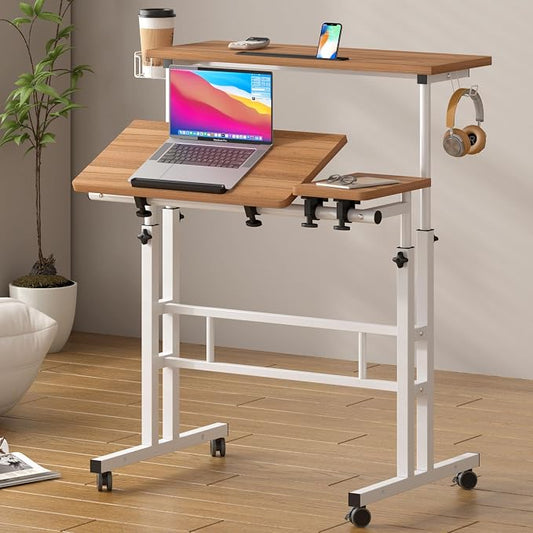 SogesHome 31.5 inch Mobile Standing Desk Adjustable Computer Desk Rolling Laptop Cart Portable Laptop Stand on Wheels Home Office Workstation with Cup Holder,Headphone Holder, Upgrade Oak