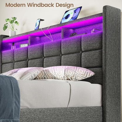 Driftalia Lift Up Queen Bed Frame with Storage, Upholstered Bed Frame Queen Size with LED Lights Headboard and Charging Station, No Box Spring Needed, Easy Assembly - Dark Grey