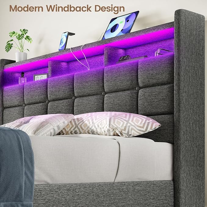 Driftalia Lift Up Full Size Bed Frame with Storage, Upholstered Full Bed Frame with LED Lights Headboard and Charging Station, No Box Spring Needed, Easy Assembly - Dark Grey