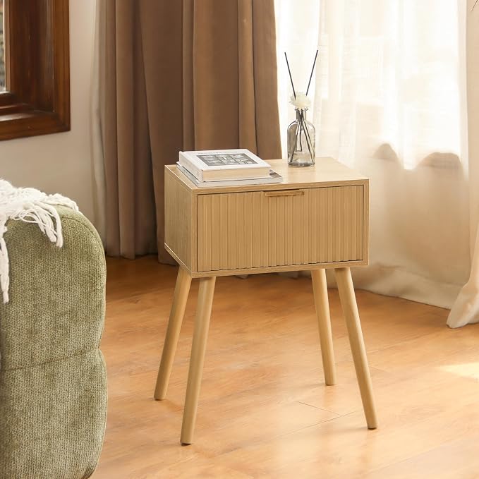AWASEN Nightstand, Small End Tables Living Room, Accent Bedside Side Table with Fluted Drawer for Bedroom and Small Space, Rustic Walnut