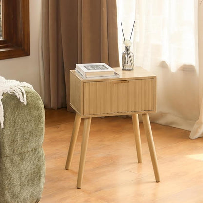 AWASEN Nightstand, Small End Tables Living Room, Accent Bedside Side Table with Fluted Drawer for Bedroom and Small Space, Rustic Walnut