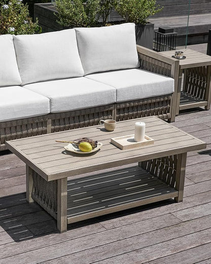 Outdoor Coffee Table, Never Rusts Aluminum Rope Weave Patio Coffee Table, Weatherproof 2-Tier Rectangle Outdoor Patio Table with Adjustable Feet for Garden, Pool, Outside, Decks, Gray Oak