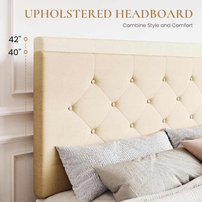 SHA CERLIN Upholstered King Size Platform Bed Frame with 4 Storage Drawers, Adjustable Headboard with Diamond Stitched Button Tufted Design, Wooden Slat Support, No Box Spring Needed, Beige