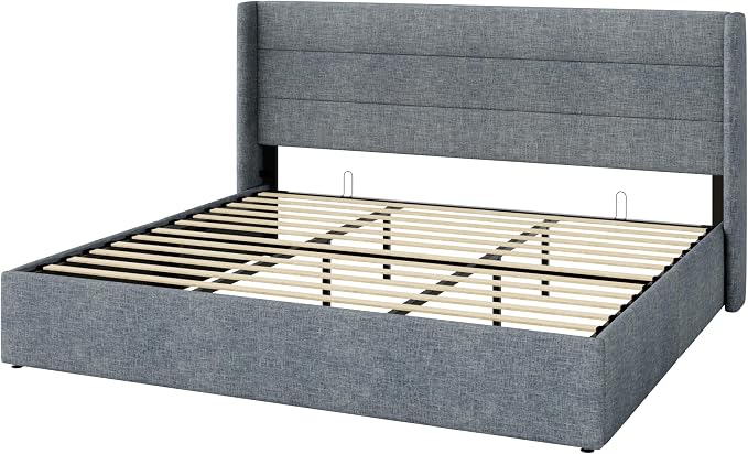 Allewie King Size Lift Up Storage Bed, Modern Wingback Headboard, Hydraulic Support, No Box Spring Needed, Grey Blue