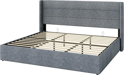 Allewie King Size Lift Up Storage Bed, Modern Wingback Headboard, Hydraulic Support, No Box Spring Needed, Grey Blue