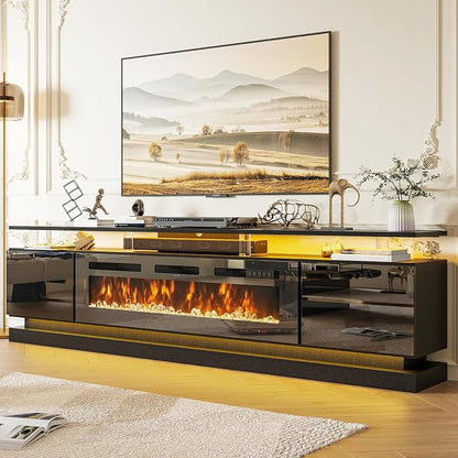 90" Fireplace TV Stand, Modern Entertainment Center for TVs Up to 100”, TV Console with Storage Cabinets, Media Console for Living Room, WiFi Enable Black TV Stand and Black Fireplace