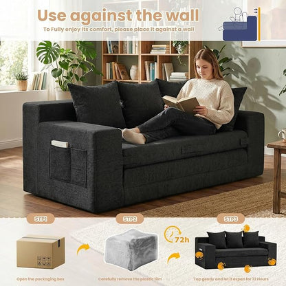 Boneless Couch Sofa Bed, 70'' Convertible Tri-Folding Futon Sleeper with Handle & Side Pockets, Pull Out Couch Bed with Hook and Loop No Assembly for Small Space,Living Room & Bedroom