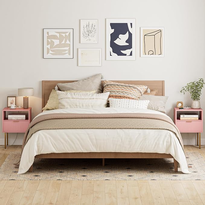 Masupu Nightstand with Charging Station,Mid-Century Modern Bedside Table with Storage Drawer and Open Wood Shelf,Small Gold Frame Side Table for Bedroom,Living Room (Pink)