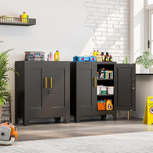Metal Tool Storage Cabinet with Doors and Adjustable Shelves, Small Locking Garage Storage Cabinet, Black Steel Tool Cabinets with Leveling Feet for Garage, Basement, Office, Utility Room