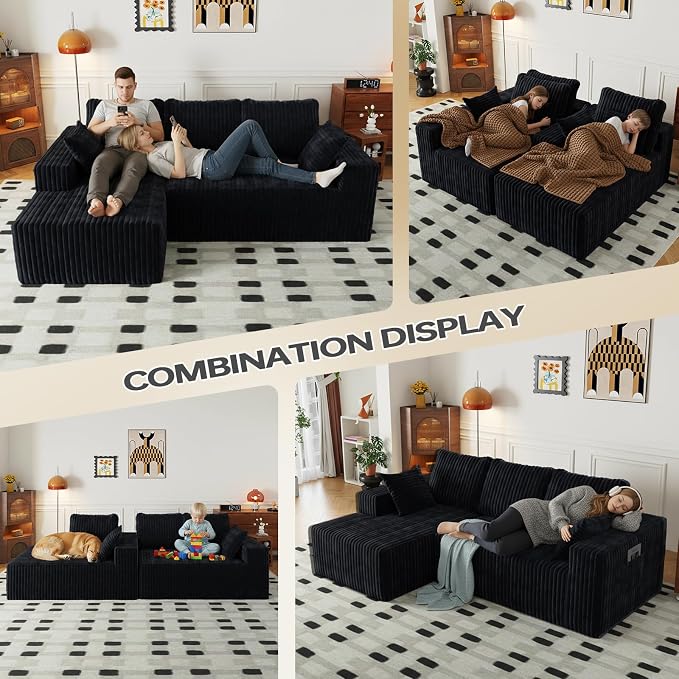 Cloud Boneless Sectional Couches with Oversized Chaise for Living Room, Modular L Shaped Couch with Deep Seat, Memory Foam Compressed 3 Seater Sofa for Apartment