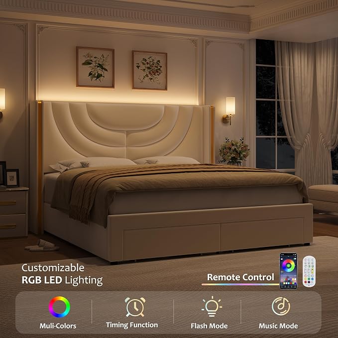 HITHOS King Upholstered LED Bed Frame with 2 Storage Drawers, Velvet Platform Bed with Wingback Headboard, Solid Wooden Slats Support, No Box Spring Needed, Headboard Splicing Design, Beige