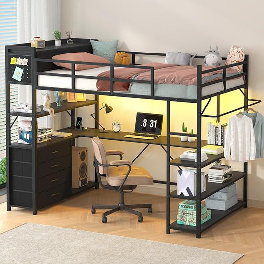 Loft Bed Twin Size with Storage Upholstered Headboard, Black Twin Loft Bed Frame with U-Shaped Desk & LED Lights, Bunk Loft Beds with Power Outlet, Loft Beds with 4 Storage Drawers, Guard & Ladder