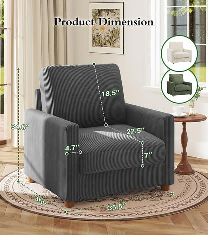 Kidirect 35.5in Oversized Accent Chair, Easy to Assemble Living Room Chairs, Corduroy Reading Chair for Bedroom, 22.5in Deeper Seats Accent Chairs for Living Room, Comfy Armchair Reading Nook, Grey
