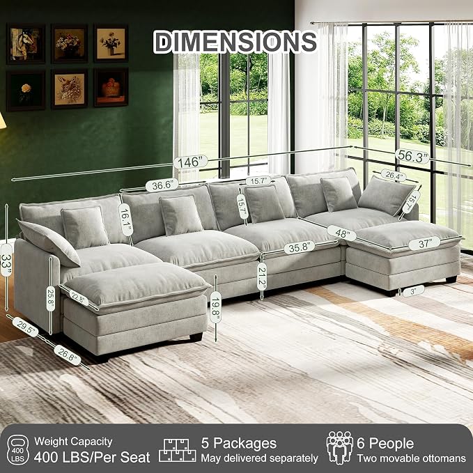 146" Cloud Couch Sectional, U Shaped Modular Sectional Sofa, 4-Seat Deep Seat Couch with 6 Removable Washable Pillows and 2 Ottoman for Living Room, Bedroom, Apartment, Light Grey