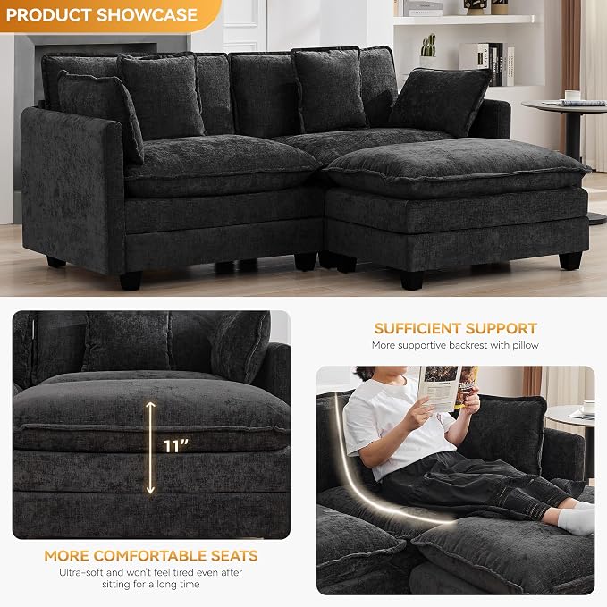 76'' Cloud Deep Seat Loveseat Sofa, Upholstered Chenille Modular 2-Seats Sectional Sofa Couch with Movable Ottoman, Modern Comfy Settee Loveseat for Living Room Set, Small Apartment, Dark Grey