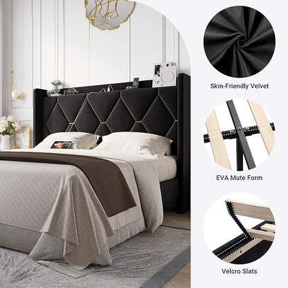 Allewie Velvet Full Size Upholstered Bed Frame with Wingback Storage Headboard & Charging Station, Platform Bed with Diamond Tufted Design & Gold Trim, No Box Spring Needed, Easy Assembly, Black
